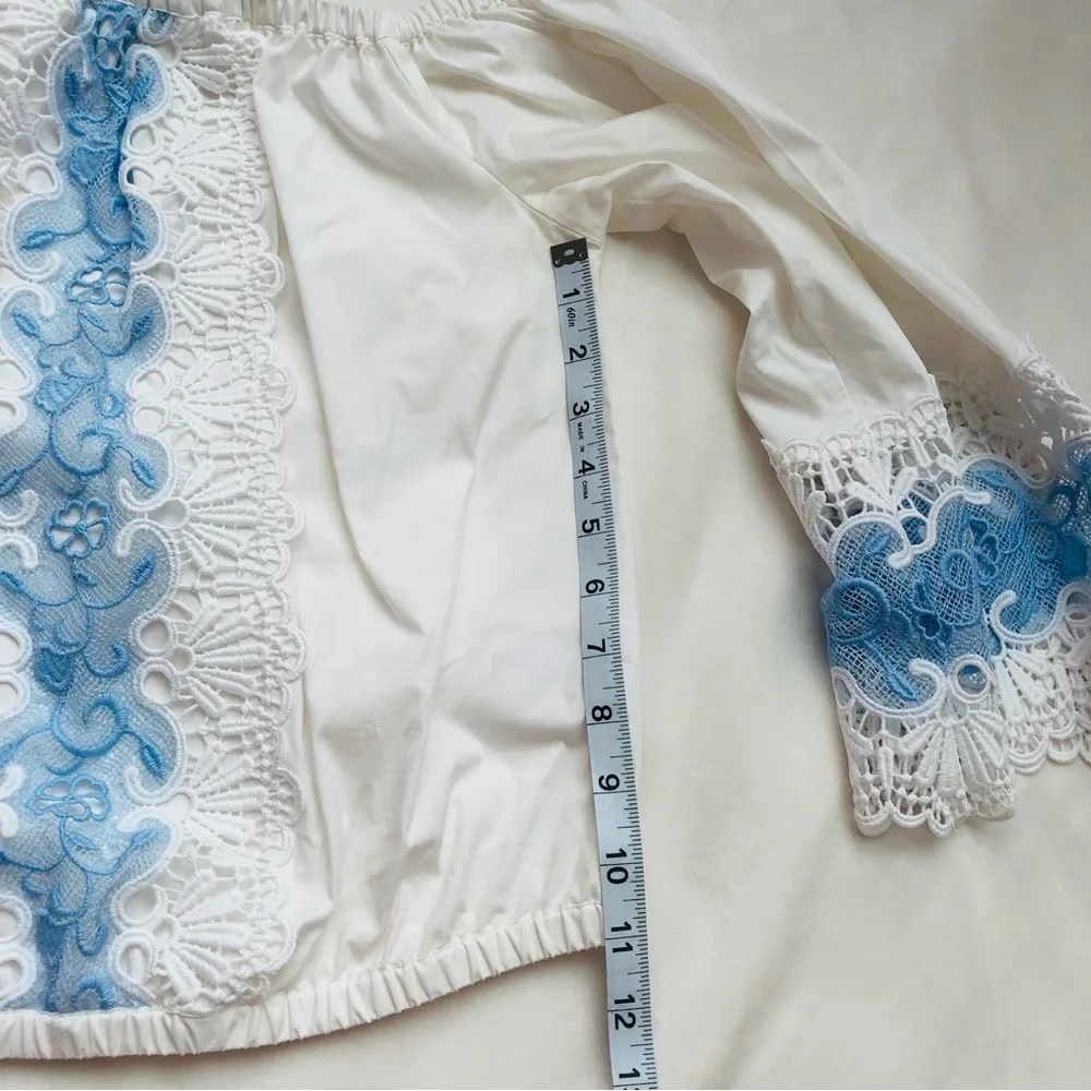 White Off-Shoulder Crop Top with Blue Lace Trim • Express Size XS - Picture 9 of 11